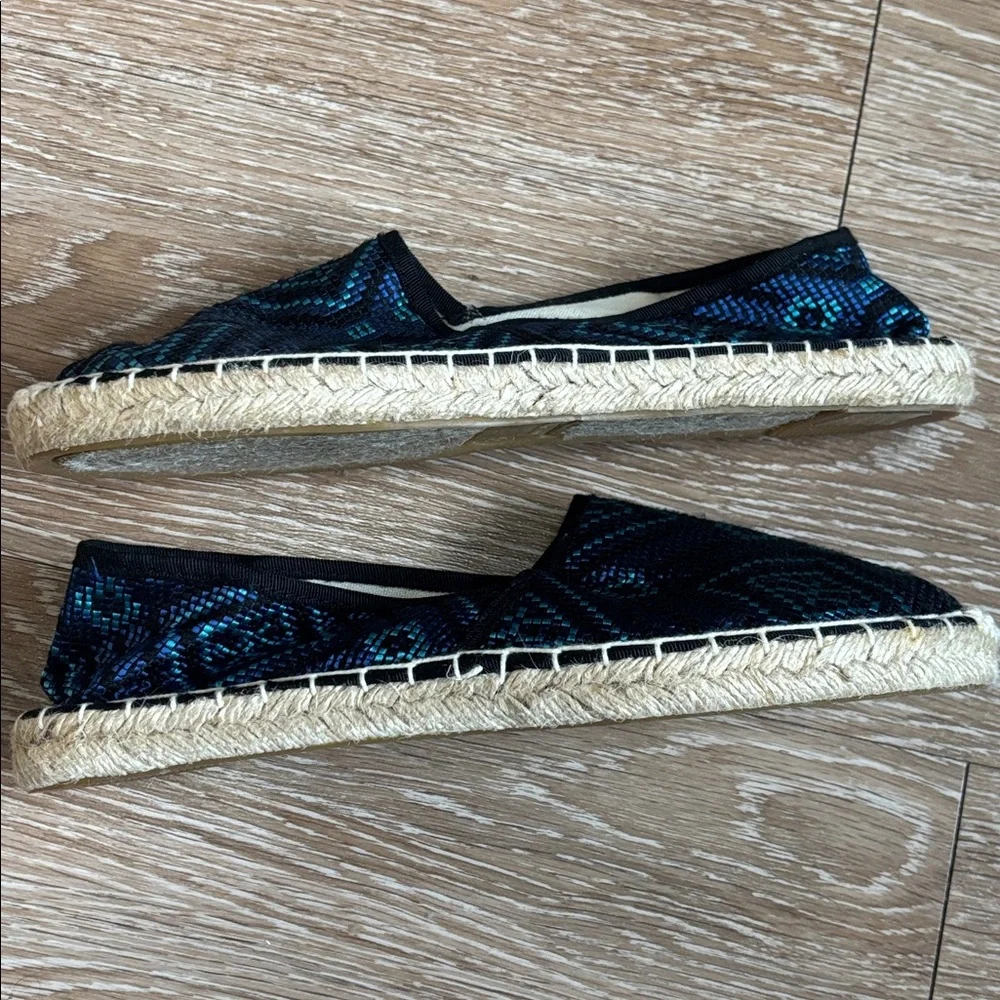 J Crew blue and black patterned espadrille flats, size 8